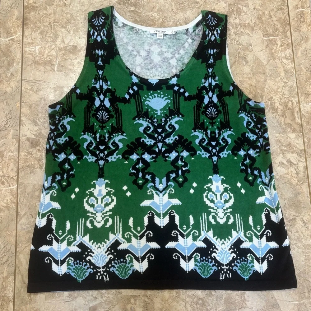 Chico’s Green Ikat Jacquard Linen Cotton Blend Sleeveless Tank Top Size 2 (L)